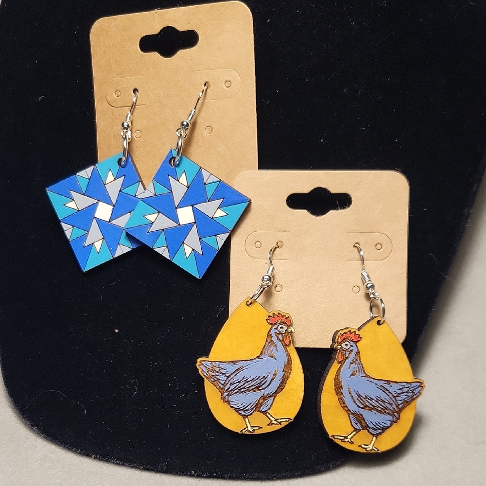 Hand Painted Wooden Chicken and Star Earrings Set